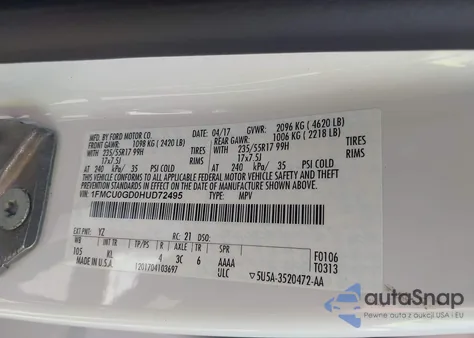 2017 Ford Escape Se from USA, damaged, VIN 1FMCU0GD0HUD72495